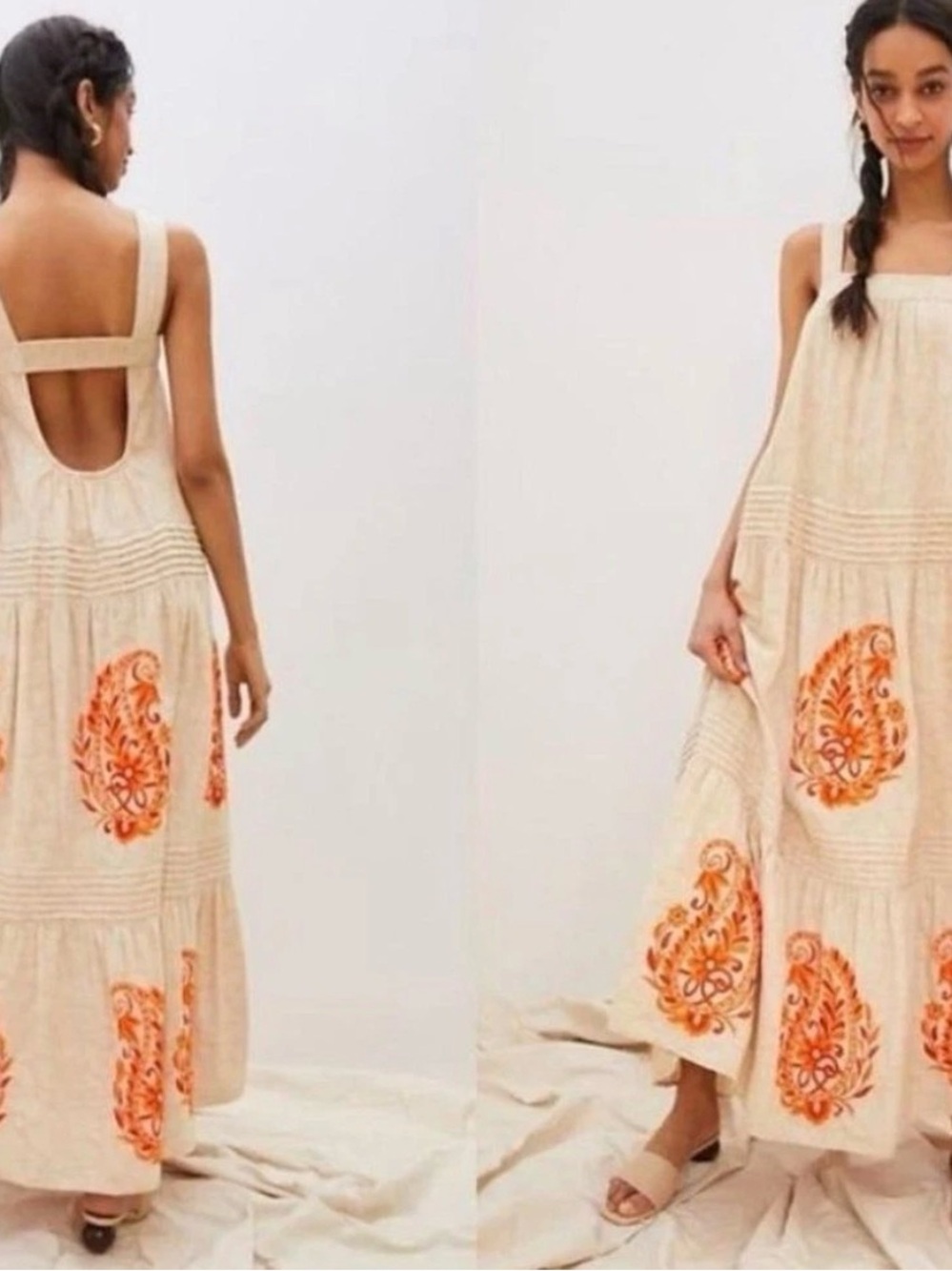Anthropologie Women’s Size M felicity embroidered cream orange maxi dress 364